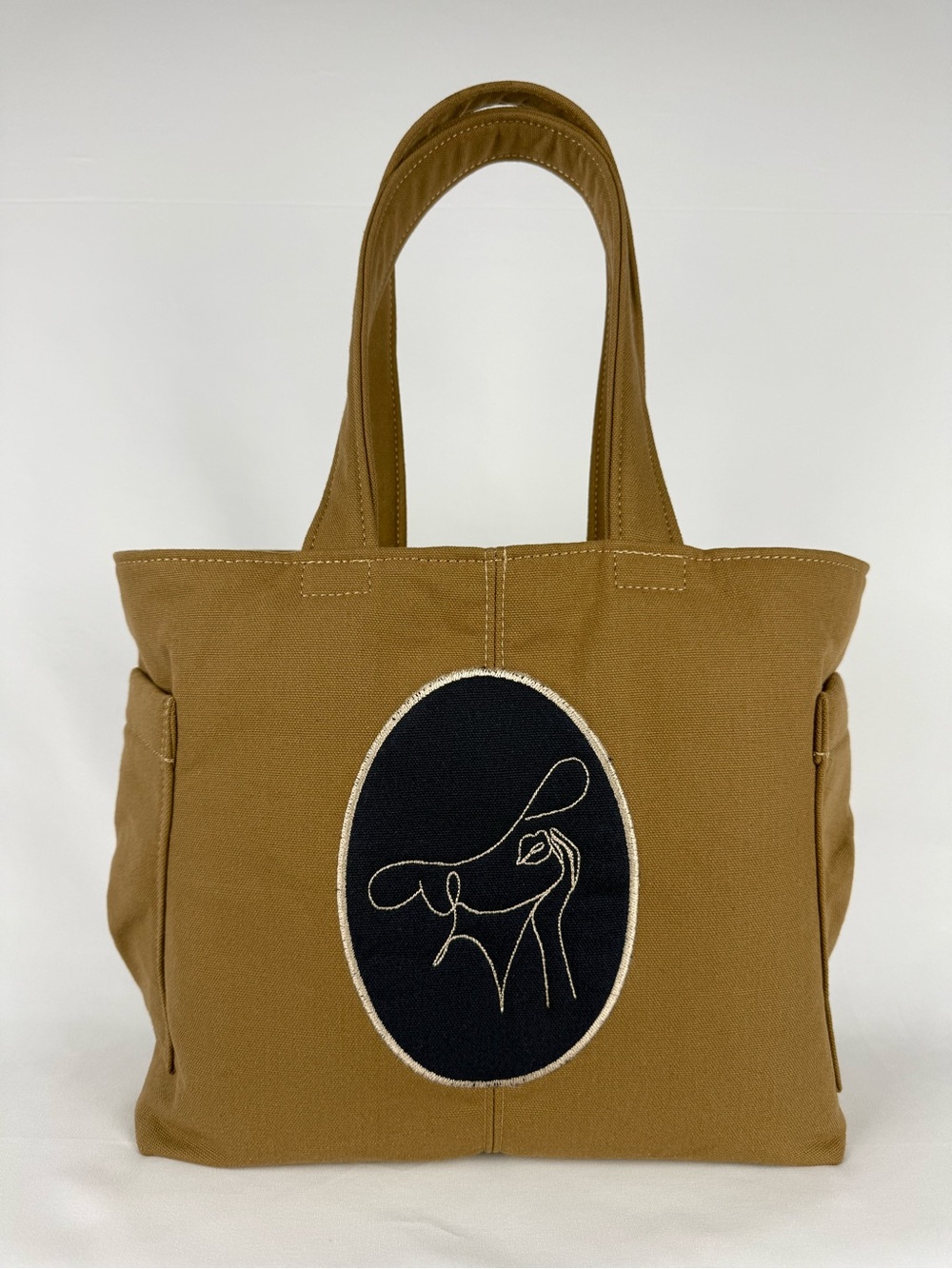 Embroidered Oval Canvas Tote - Camel
